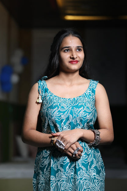 Aqua Blossom long sleeveless kurti
