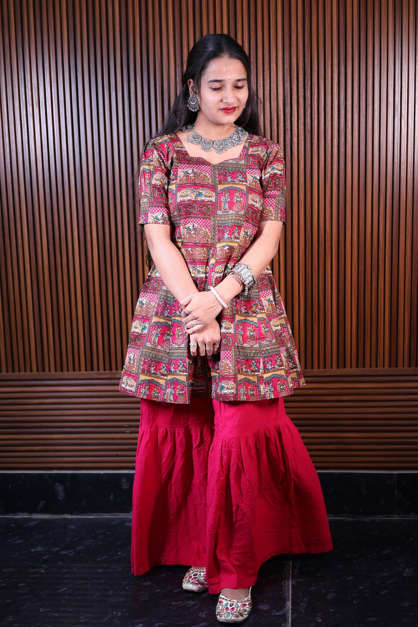 "Ethnic Ajrakh Print Peplum Kurti with Flared Palazzo"