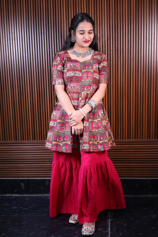 "Ethnic Ajrakh Print Peplum Kurti with Flared Palazzo"