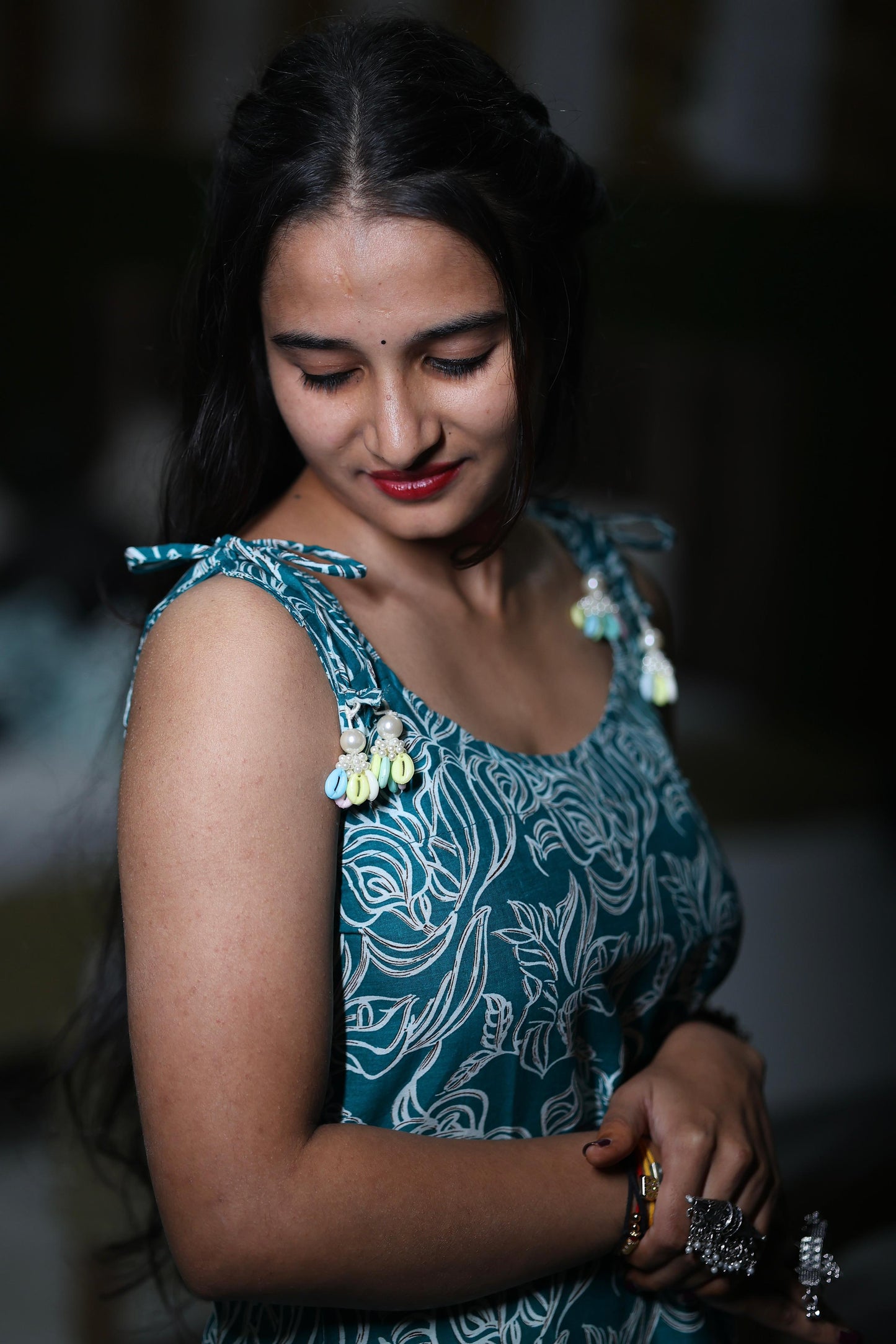 Aqua Blossom long sleeveless kurti