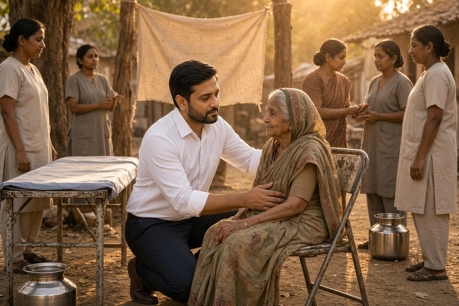 Pardeep beside an elderly woman at a community gathering