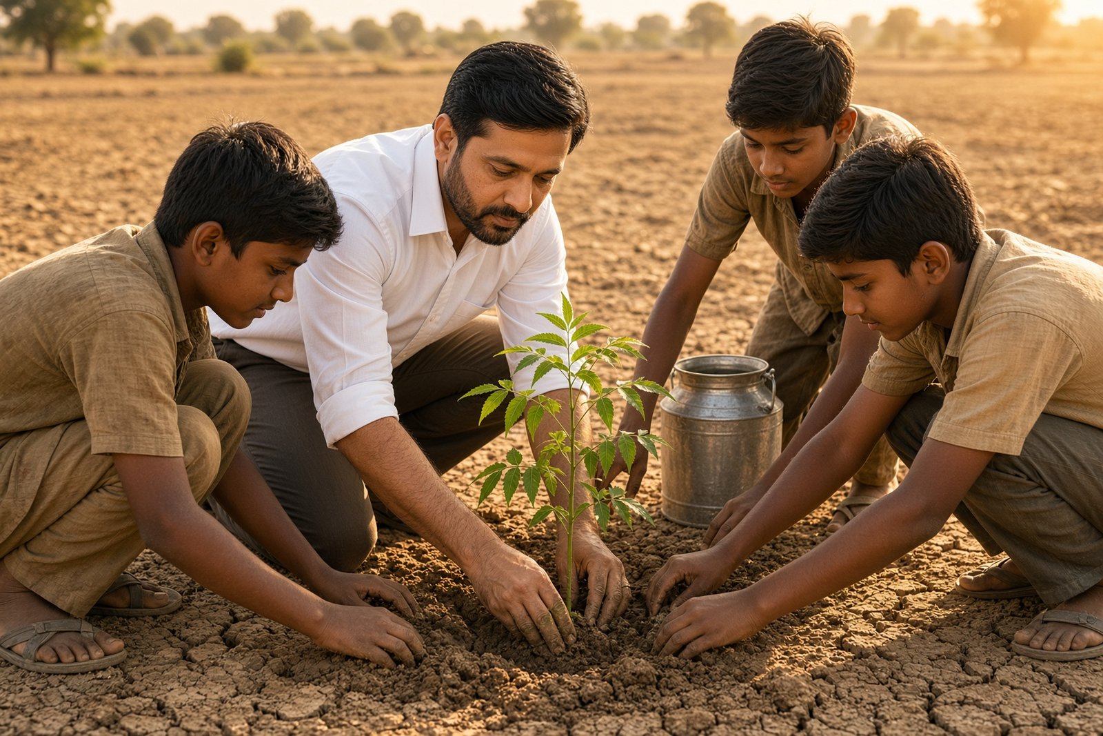 Pardeep planting a neem sapling with young people