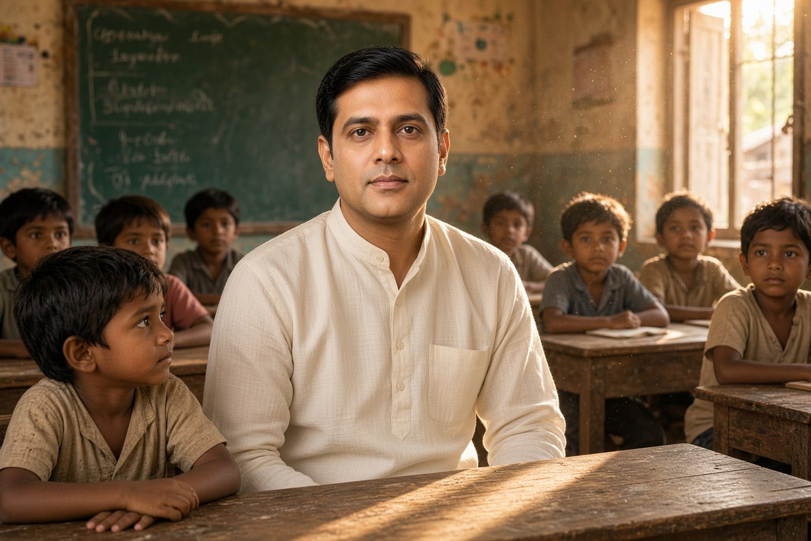 Pardeep with students outside a classroom