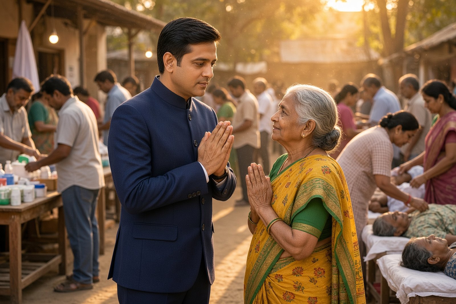 Pardeep greeting an elderly woman